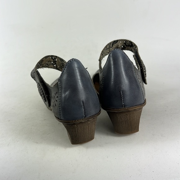 Rieker grey leather floral cut out Mary Jane minimalist heels women’s size 7 - Picture 7 of 9